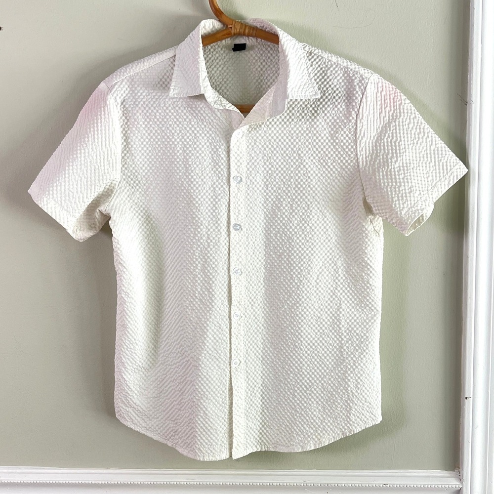 Manfinity Button Down Shirt Medium Mens Short Sleeve Textured White Seersucker